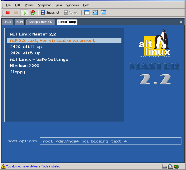GRUB is loaded from HDD-0 under VMWare for running Linux in text mode